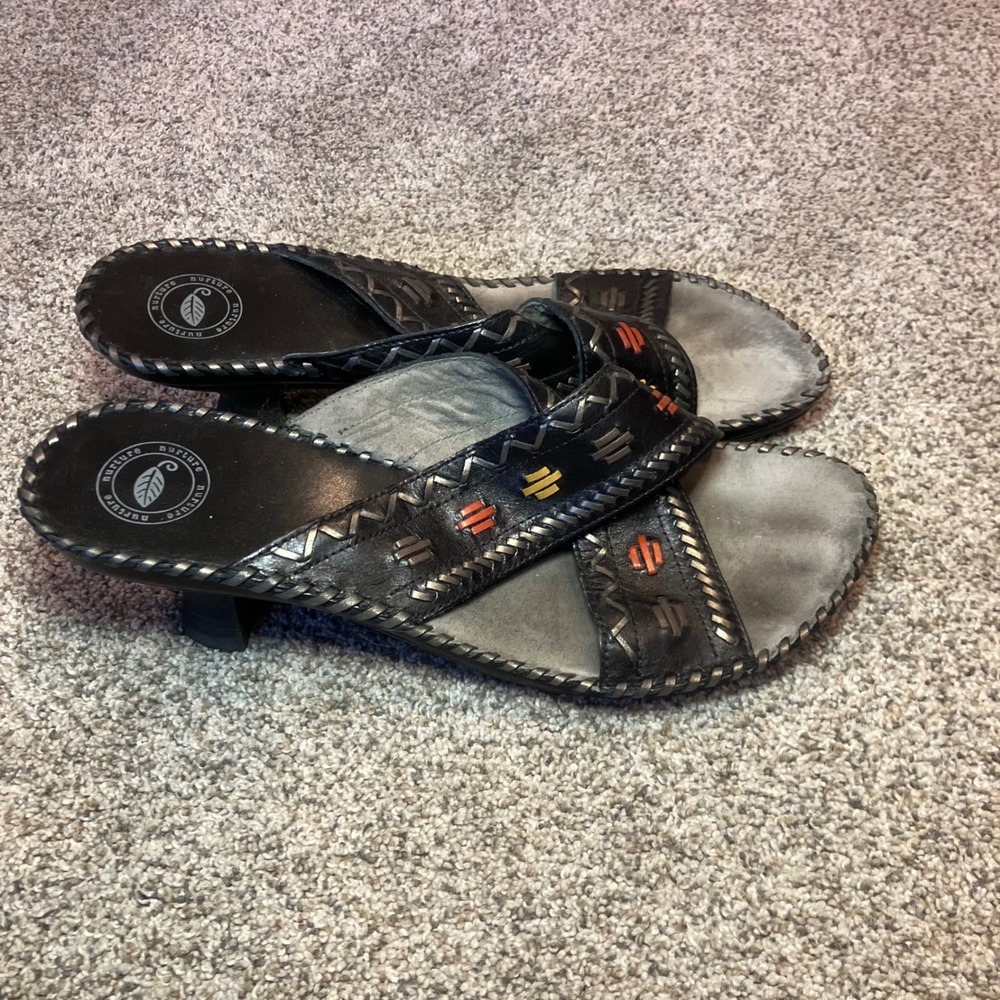 Nurture Womens Black Leather Whipstitch Embroidered Kitten Heel Slide Sandals 9M - Picture 5 of 9